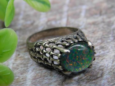 Silver-tone Slocum Opal Ring Size 7 Rock Stone Lapidary Specimen