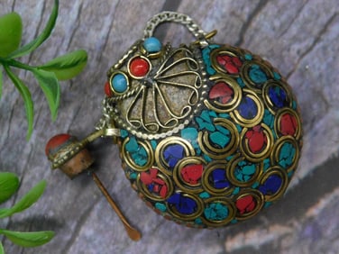 Lapis Lazuli, Turquoise, and Red Coral Snuff Bottle on Chain