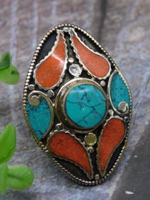 Turquoise and Red Coral Adjustable Ring