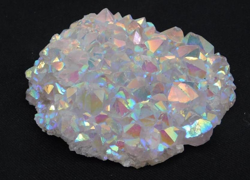 Angel Aura Amethyst ROCK STONE LAPIDARY SPECIMEN: This stunning quartz cluster features a vibrant iridescent finish that shimmers under the light. The piece showcases a natural crystalline structure, making it an eye-catching addition to any collecti