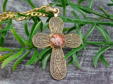 LEOPARD SKIN JASPER CROSS PENDANT NECKLACE ROCK STONE LAPIDARY SPECIMEN