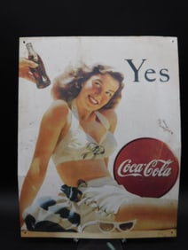 Coca-Cola Metal Sign Featuring Woman in White Bikini