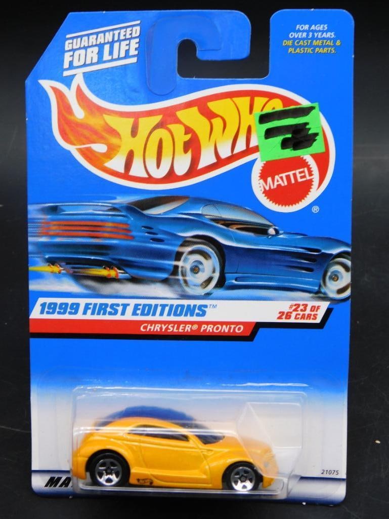 Hot Wheels 1999 First Editions Chrysler Pronto: Hot Wheels 1999 First Editions Chrysler Pronto die-cast car, #23 of 26 cars in the series. Car remains in original packaging, marked with collector number #928. Packaging appears unopened with minimal