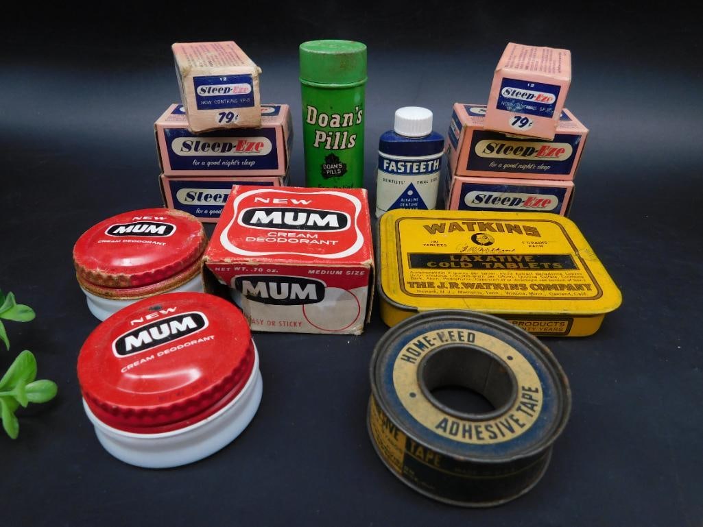 Collection of Advertising and Medicine Tins, Including Mum, Sleep-Eze, Watkins: This lot features a collection of vintage advertising and medicine tins, including items such as Mum Cream Deodorant, Sleep-Eze, Watkins Laxative Cold Tablets, Doan's Pills, and Fasteeth. Includes gra