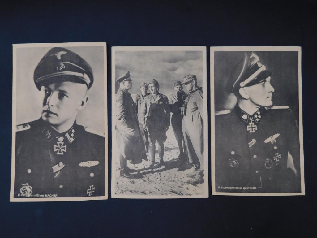 Set of 3 WWII German Propaganda Postcards: This lot includes a set of three German WWII-era propaganda postcards. Each postcard features printed images of SS officers along with identifying text. The reverse sides are blank and intended for ma