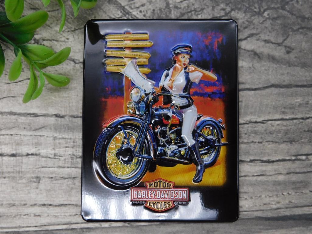 Harley Davidson Decorative Metal Magnet Sign Collectible: Decorative metal tin featuring a Harley Davidson design with a vintage-inspired motorcycle and rider. The sign showcases the iconic Harley Davidson logo and a vibrant, colorful design. Compact size fo