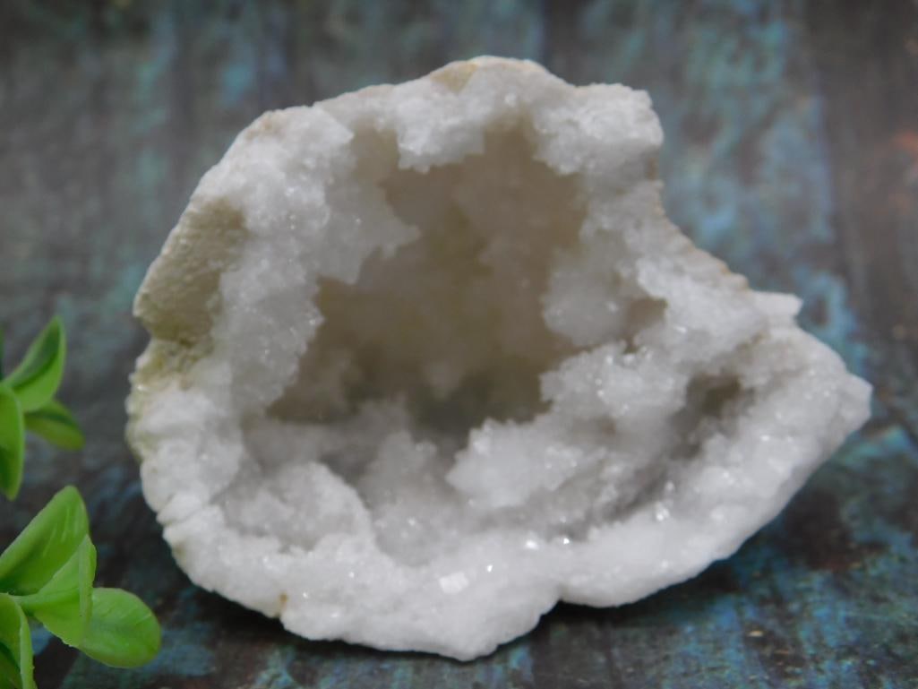 Quartz Crystal Geode Rock Stone Lapidary Specimen, 104 Grams: Natural quartz crystal geode featuring a hollow cavity lined with sparkling crystal formations. Measures approximately 104 grams in weight. Item photographed with ruler and identification card for ref