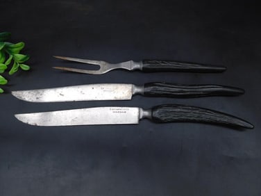 CATTARAUGUS VANADIUM ANTLER HANDLE CARVING SET VINTAGE ANTIQUE