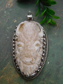 CARVED BONE BISON PENDANT ROCK STONE LAPIDARY SPECIMEN