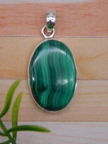 STERLING SILVER MALACHITE PENDANT ROCK STONE LAPIDARY SPECIMEN