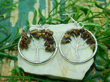 TIGERS EYE WIRE TREE EARRINGS ROCK STONE LAPIDARY SPECIMEN