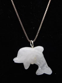 QUARTZ DOLPHIN PENDANT ON STERLING SILVER CHAIN NECKLACE