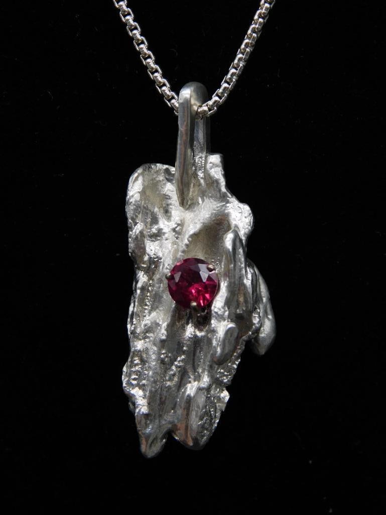 HANDMADE RUBY AND STERLING SILVER PENDANT ON ARGENTIUM SILVER CHAIN NECKLACE: HANDMADE RUBY AND STERLING SILVER PENDANT ON ARGENTIUM SILVER CHAIN NECKLACE