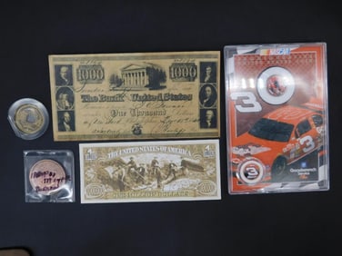 Collection of Currency and Collector?s Items With NASCAR Card