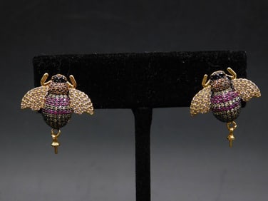 Pair of Bee-Shaped Goldtone & Gemstone Earrings