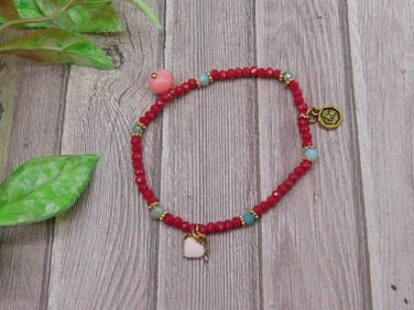 Red Bead Charm Bracelet with Heart and Gold Accents