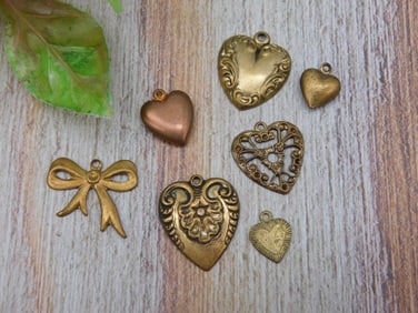 Lot of 7 Vintage Bronze Heart Charms and Bow Pendant