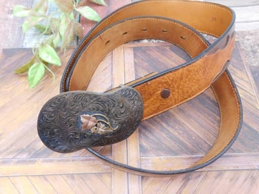 Vintage Tooled Leather Belt with Decorative Buckle