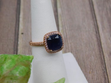 Rose Gold Ring with Dark Blue Stone, Size 7