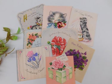 Lot of 7 Vintage Birthday Greeting Cards with Floral and Animal Designs