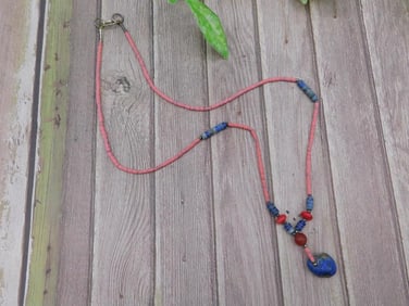 Red and Blue Beaded Necklace with Pendant