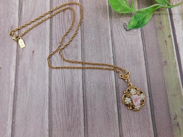 Gold-Tone Necklace with Pink Rose Pendant