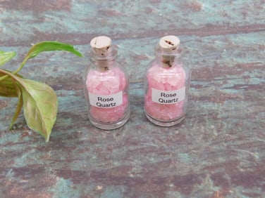 Set of Two Mini Rose Quartz Bottles with Cork Stoppers ROCK STONE LAPIDARY SPECIMEN