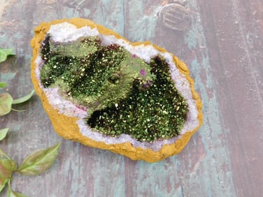 Natural Mineral Geode with Green and Purple Crystals ROCK STONE LAPIDARY SPECIMEN