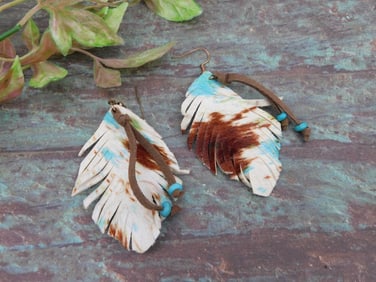 Painted Feather Drop Earrings with Beads