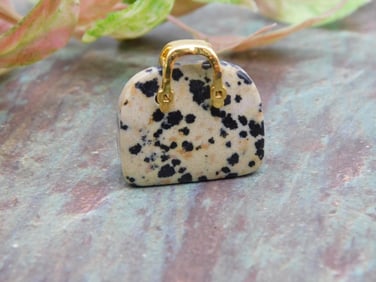 Dalmatian Jasper Purse Miniature Figurine with Gold Handle