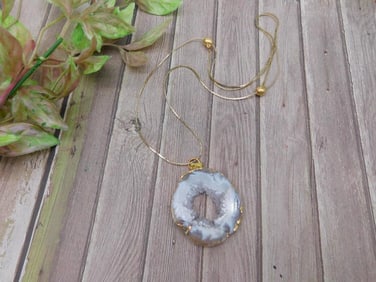 Agate Slice Pendant with Gold-Tone Chain