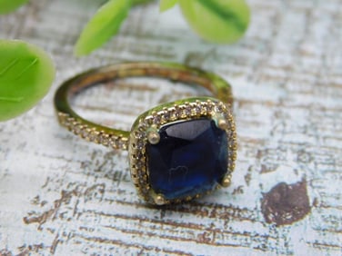 Gold-Tone Ring with Blue Gemstone, Size 7