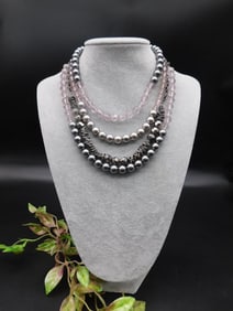 Multi-Strand Beaded Necklace With Pink and Metallic Tones