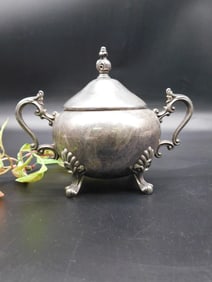 Silver-Plated Lidded Sugar Bowl with Ornate Handles
