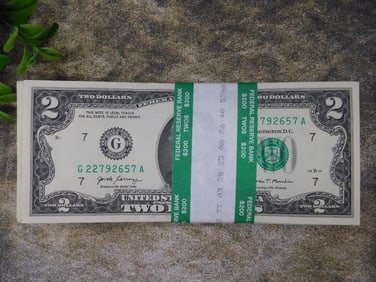 100 $2 Bills Brick Crisp Two Dollar Bills