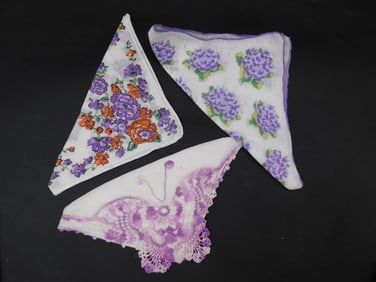 Set of Three Floral and Lace Handkerchiefs