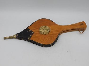 Wood and Leather Fire Bellow With Brass Accents