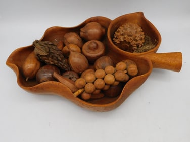 MCM CARVED Wooden Leaf-Shaped Bowl Mid-century Modern With Assorted Decorative Pieces