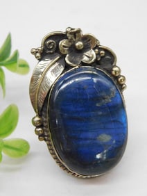 Adjustable Labradorite Gemstone Ring with Floral Accents
