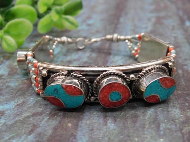 Turquoise and Coral Inlay Bracelet with Metal Accents