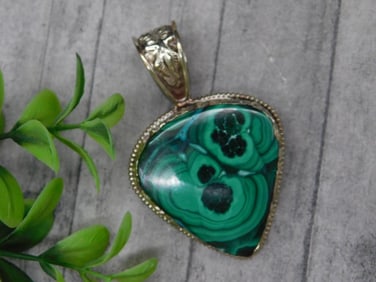 Malachite Stone Pendant with Ornate Metal Setting