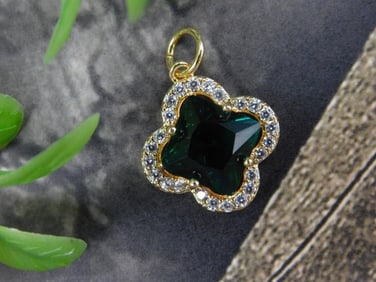 Gold-Tone Pendant with Green Stone and Clear Accents