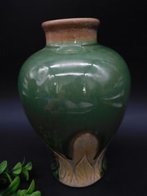 Green Glazed Ceramic Vase With Floral Design