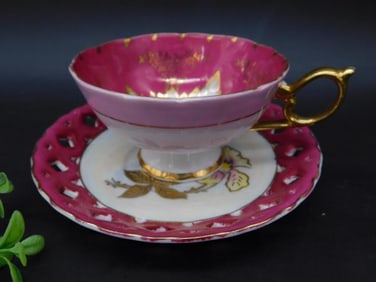 Japanese Tea Cup and Saucer with Gold Handle and Floral Design