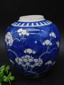 Blue and White Ceramic Jar with Floral Design