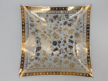 MCM Decorative Square Glass Tray With Gold Floral Motif Mid-century Modern