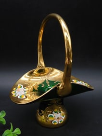 Green and Gold Decorative Handled Vase With Floral Motif