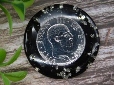 Italian Coin Embedded in Black Resin Display Piece