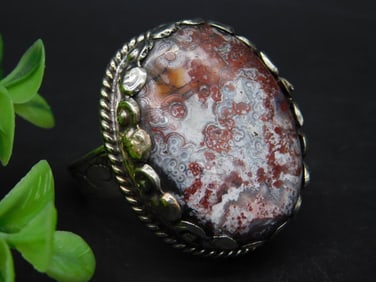 Adjustable Ring with Polished Ocean Jasper Agate Centerpiece