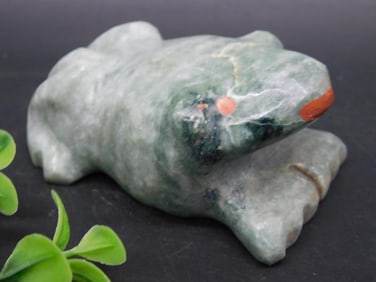 Green Stone Frog Figurine With Red Accent